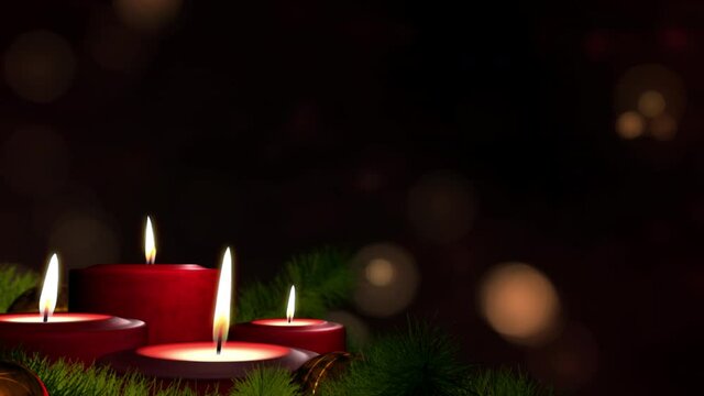 Romantic festive Christmas holiday evening. Four lit red candles on indoor Advent wreath. Romantic festive candlelight with tranquil bokeh lights and dark copy space. Looped 3D animation background.