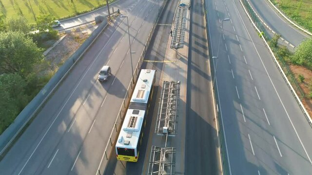 Drone following public transport bus on corona curfew