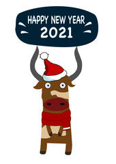 Creative greeting card. New year 2021 with a cute bull. Symbol of the year in the Chinese calendar. Vector illustration of a cartoon isolated.