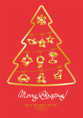 Abstract Christmas card with wishes graphic symbols hanging on christmas tree. Creative congratulation. Holiday background, poster, banner, invitation