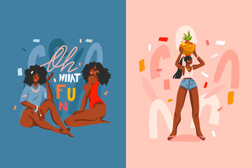 Hand drawn vector abstract stock flat graphic illustration cards set with young ,happy black afro american beauty women in swimsuit and lettering fun quote isolated on color pastel background