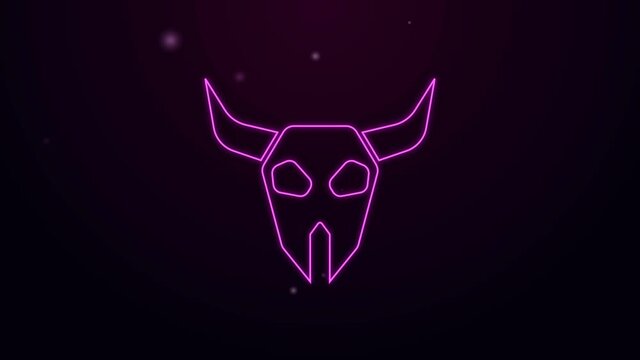 Glowing neon line Buffalo skull icon isolated on purple background. 4K Video motion graphic animation.