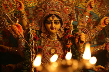 The Supreme shakti, Maa Durga is worshiped with diya lamp in utmost devotion in Hindu religion