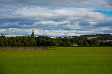 Obraz premium Prados verdes con línea de casas y árboles y nubes en el cielo