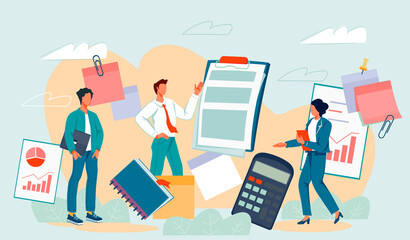 Financial statement and accounting concept with people surrounded with documents. Financial calculation and economic reports, planning and statistics, flat vector illustration.