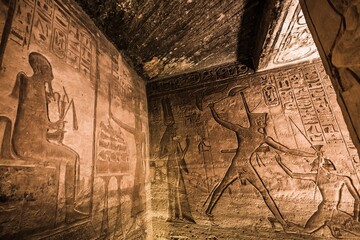Ancient Egyptian temple built by Ramses II, dedicated to his wife Nefertari, sculpted in the stone...