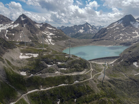 Dam and wind farm on Nufenen pass in Switzerland