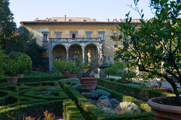 Giardino Corsini al Prato, Florence, Tuscany, Italy: view of the palace across the box hedging,...