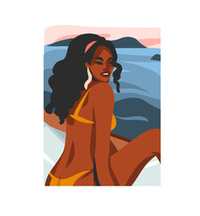 Hand drawn vector abstract stock flat graphic illustration with young happy black afro american beauty female,in swimsuit on sundown view scene isolated on white background