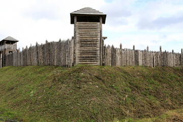 Viking village wooden towers with palisade