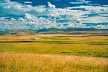 The hill and grassland landscape in Ruoergai Grassland, Sichuan, China, autumn time.