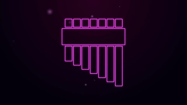 Glowing neon line Pan flute icon isolated on purple background. Traditional peruvian musical instrument. Zampona. Folk instrument from Peru, Bolivia and Mexico. 4K Video motion graphic animation.