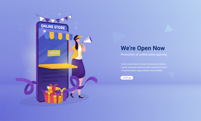 Opening online store illustration for e-commerce promotion offers
