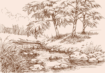 Waterfall on a river in alpine landscape hand drawing - obrazy, fototapety, plakaty
