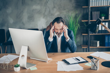 Portrait of his he nice handsome frustrated tired exhausted man executive expert specialist agent...