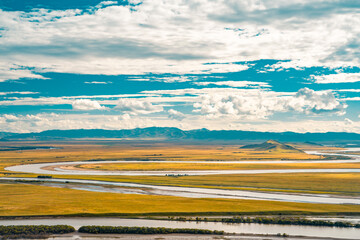 The Yellow River winding up in Ruoergai Grassland, Sichuan , autumn time.