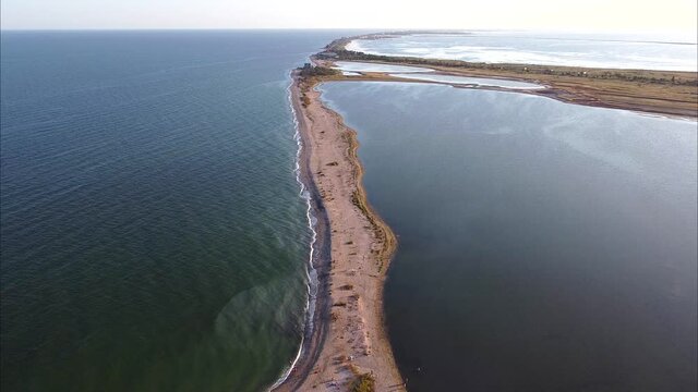 Sea sandspit and a bay aerial drone footage at Berdyansk, Ukraine