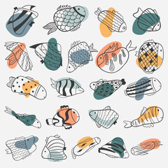 Vector doodle illustration. Cartoon fish of different shapes, with patterns. Background decoration.