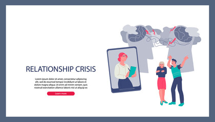 Online couple consultation of family psychologist website banner template. Resolve family conflict and couple relationship or marriage problem, flat vector illustration.