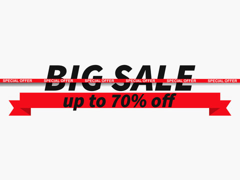 Big sale, special offer up to 70% off. Sale tape ribbon on white background. Black friday. Design for promotional items, banners, coupon and gift cards. Vector illustration