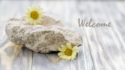 Fototapeta na wymiar Welcome service card. Spa, hotel or gift background with stone and yellow daisy
