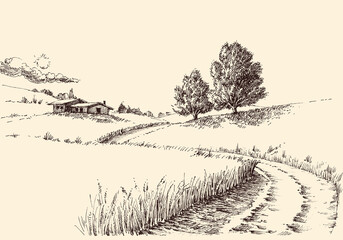 A path to a farm landscape hand drawing - 380297252