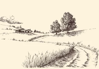 Papier Peint photo Lavable Blanche A path to a farm landscape hand drawing