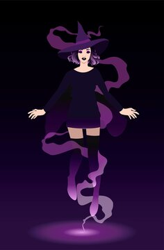 Creative holiday halloween concept vector illustration woman girl witch in hat.