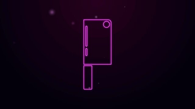 Glowing neon line Meat chopper icon isolated on purple background. Kitchen knife for meat. Butcher knife. Happy Halloween party. 4K Video motion graphic animation.