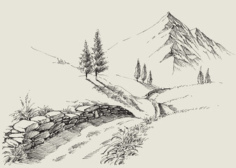 A narrow footpath in the mountains, alpine relaxing landscape hand drawing - 380298400