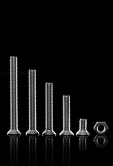 Chrome screws and bolt in a line