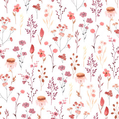 Wildflowers watercolor, seamless pattern with abstract flowers, plant and branches. Colorful meadow, illustration on white background.