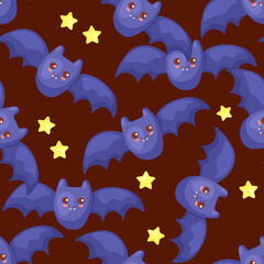 Fototapeta na wymiar Seamless vector pattern with kawaii Halloween Bat. Cute characters illustration for holiday wrapping paper, postcard, fabric print, background texture. Funny smiling All Saints Day decoration.