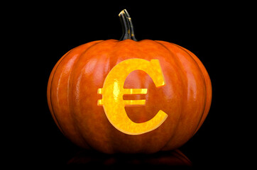 Euro Symbol carved in pumpkin. Halloween font on black background, 3D rendering