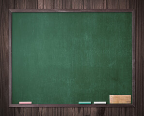 Teacher day concept: Grunge old wood green board, white chalk, eraser