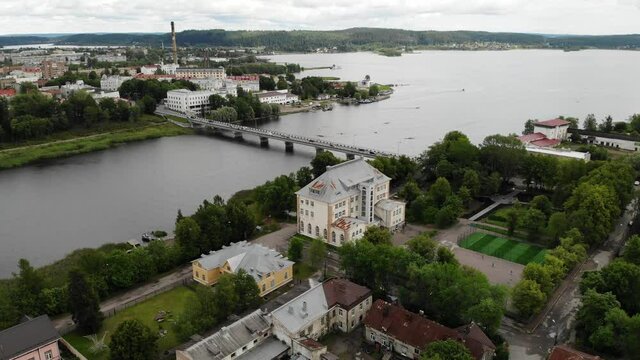 Aerial panorama view Sortavala transport bridge on the coast of Ladoga lake.