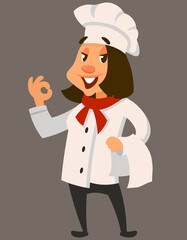 Standing female chef front view. Smiling character in cartoon style.