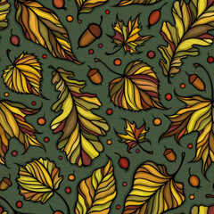 Falling leaves colorful vector illustration. Decorative autumn leaves beautiful seamless pattern. Hand drawn organic lines collecton isolated on white background