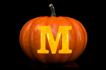 Glowing Letter M carved in pumpkin. Halloween font on black background, 3D rendering