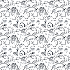 seamless pattern with sweets, fruits, berries and leaves isolated on white background