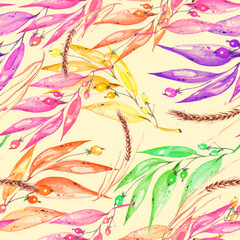 Watercolor seamless pattern. Branch with berry Watercolor background, drawing with autumn leaves, plants, berries, branches of linden, aspe. Spikelet, wheat, wild grass. Raindrops, water, splashes