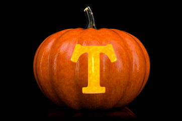 Glowing Letter T carved in pumpkin. Halloween font on black background, 3D rendering