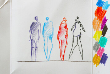Vier unterschiedlich bunte, abstrakte Menschen als Linie gezeichnet, Haltung annehmen, eine Meinung...