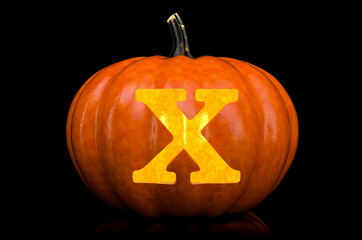 Glowing Letter X carved in pumpkin. Halloween font on black background, 3D rendering