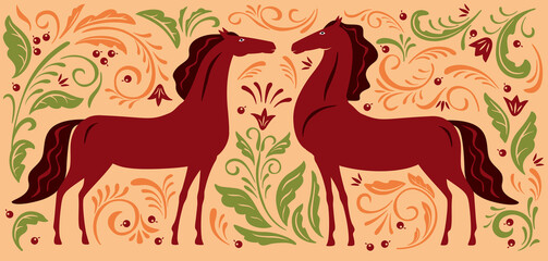 National poster. Decorative horses and floral ornament. Boretskaya painting