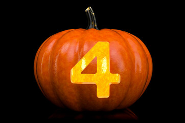 Number 4 carved in pumpkin. Halloween font on black background, 3D rendering