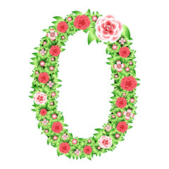 Number 0 with roses and leaves on a white background