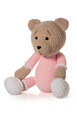 Knitted toy - brown bear on white background. Full depth of field. With clipping path.