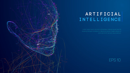 Ai digital brain. Artificial intelligence concept. Human head in robot digital computer interpretation. Wireframe head concept.