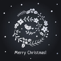 Christmas card with greeting wreath and bird. Black and white 